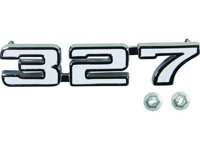 Front Fender Emblem , *327*, chrome plated die-cast metal w/ white painted recess, GM Licensed Reproduction