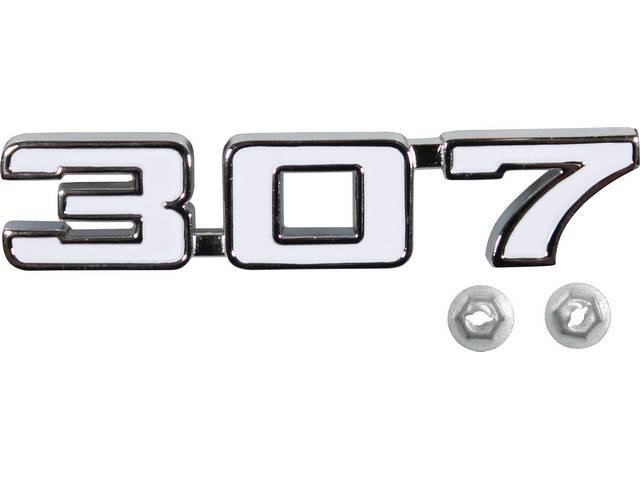 Front Fender Emblem, *307*, chrome plated die-cast metal w/ white painted recess, GM Licensed Reproduction