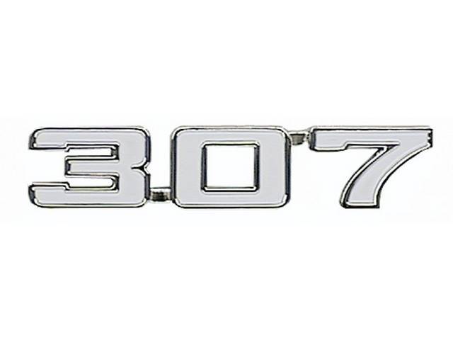 EMBLEM, Front Fender, *307*, chrome plated die-cast metal w/ white painted recess, reproduction