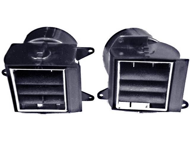 DUCT AND DEFLECTOR ASSY, Dash Air Outlet, incl dash vent adapter tube and deflector assy, correct chrome finish w/ black grained flaps, RH and LH, Repro