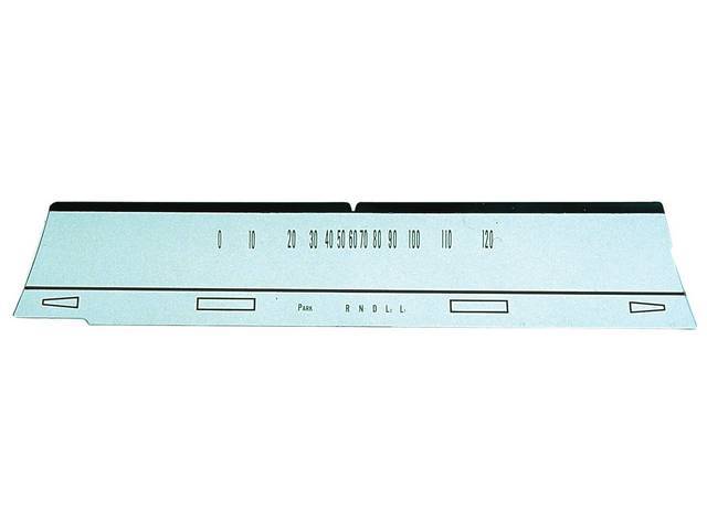 LENS, Instrument Case, features 120 mph speedometer markings, turn signal boxes and shift indicator markings (*Park*, *R*, *N*, *D*, *L2* and *L1*), Repro