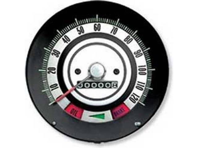 HEAD ASSY, Speedometer, 120 MPH w/o speed warning, Incl LH turn signal indicator, *Oil* and *Brake* warning lights, OER Repro
