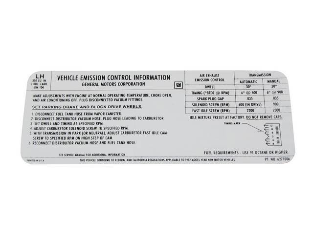 Emission Decal, GM p/n LH 6271006, reproduction