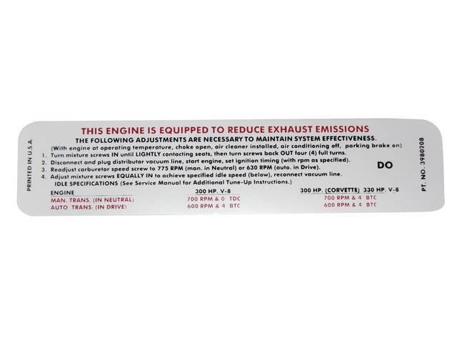 Emission Decal, GM p/n DO 3980208, reproduction