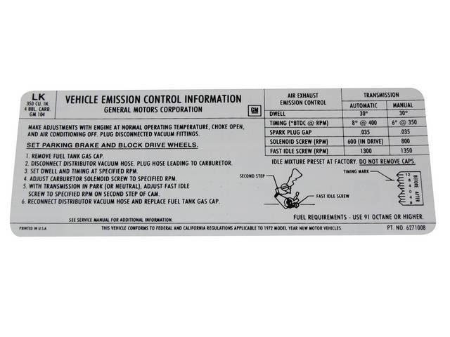 Emission Decal, GM p/n LK 6271008, reproduction