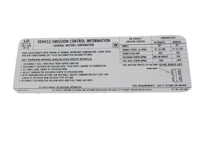 Emission Decal, GM p/n LD 6271004, reproduction