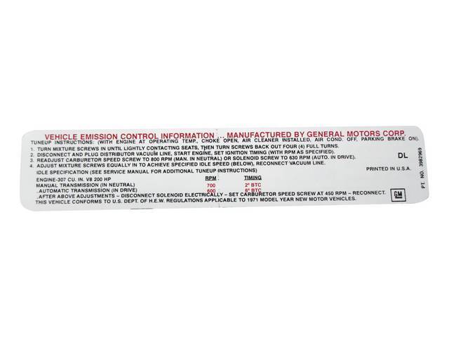 Emission Decal, GM p/n DL 3982969, reproduction