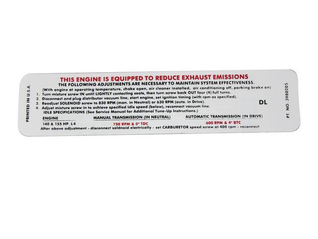 Emission Decal, GM p/n DL 3980205, reproduction