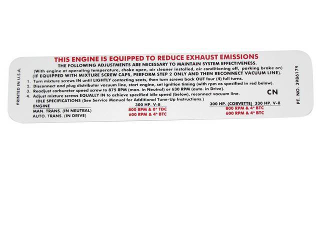 Emission Decal, GM p/n CN 3986179, reproduction