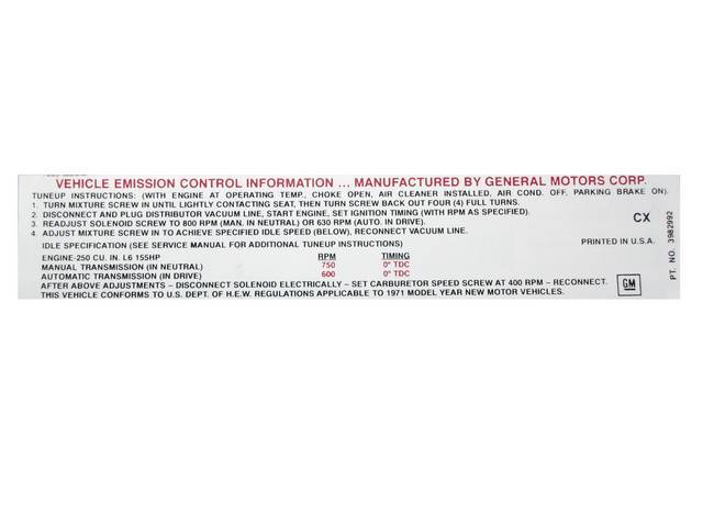 Emission Decal, GM p/n CX 3982992, reproduction