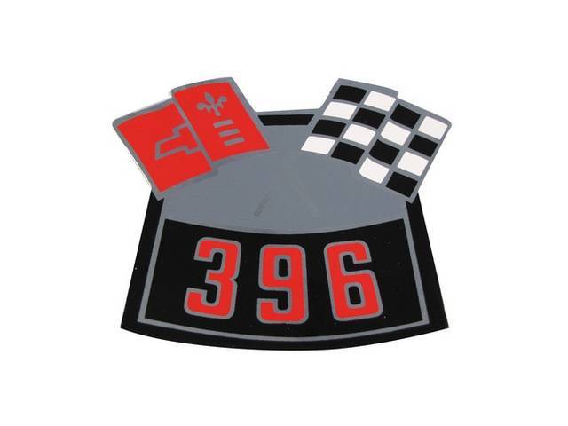 Air Cleaner Decal, Cross Flags design (one red flag and one checkered flag) w/ *396* designation in red, repro