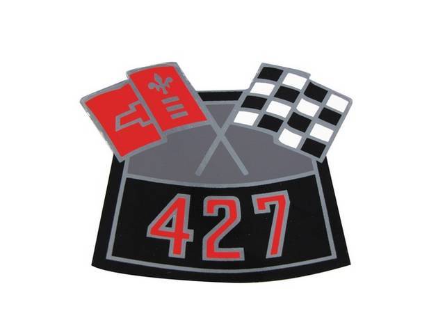 Air Cleaner Decal, Cross Flags design (one red flag and one checkered flag) w/ *427* designation in red, reproduction