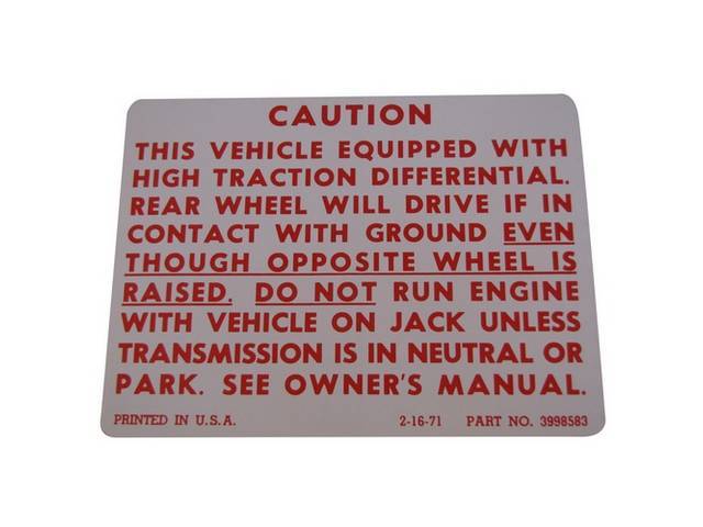 Posi Traction Decal, White W/ Red Lettering, GM p/n 3998583, reproduction