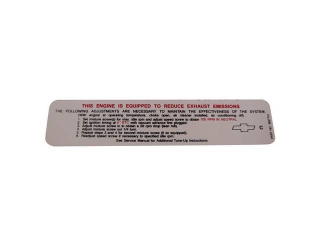 Emissions Decal, 327, 275 HP, GM 3927741, reproduction