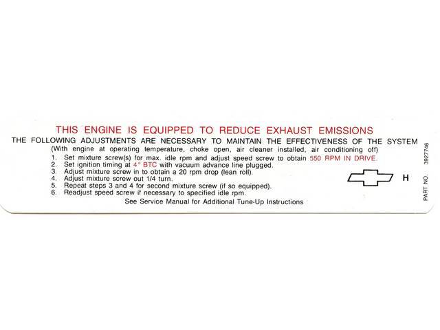 Emissoins Decal, 160, 140 HP w/ AT, GM 3927746, reproduction