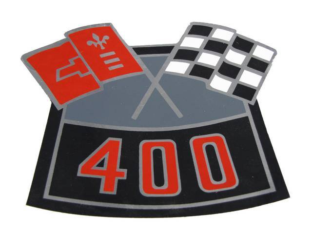 Air Cleaner Decal, Cross Flags design (one red flag and one checkered flag) w/ *400* designation in red, reproduction
