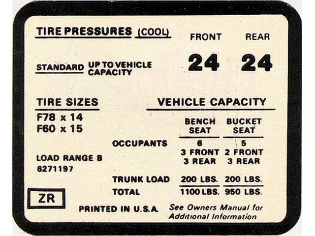 Tire Pressure Decal, reproduction