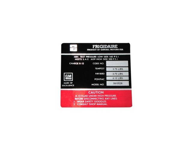A/C Compressor Decal, *Frigidaire* and *5910528*, reproduction