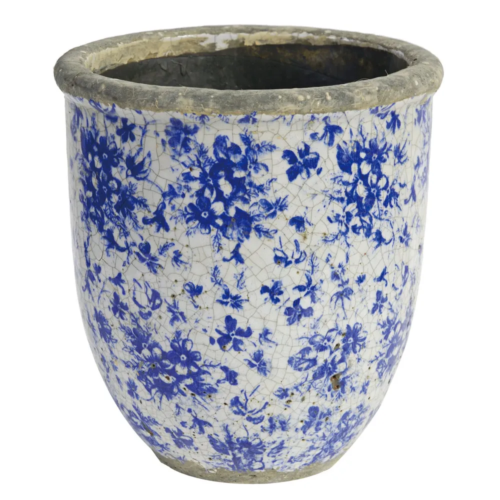 9″ White and Blue Terracotta Floral Printed Planter