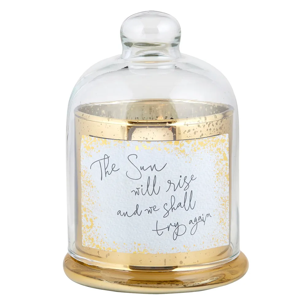 12″ Metallic Gold, Sky Blue And White “The Sun Will Rise” Text Inscribed Cloche Dome Candleholder With An LED Candle