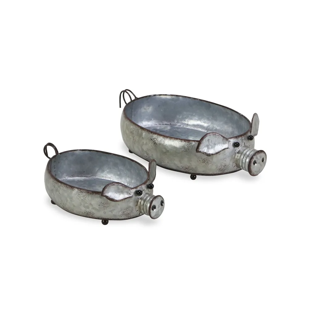 Set of 2 Gray Handmade Galvanized Piglet Planter 14″
