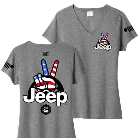 Jeep Merchandise L-JwaveUSAhgXS Ladies Jeep Wave USA V-Neck T-Shirt in Heather GreyXS