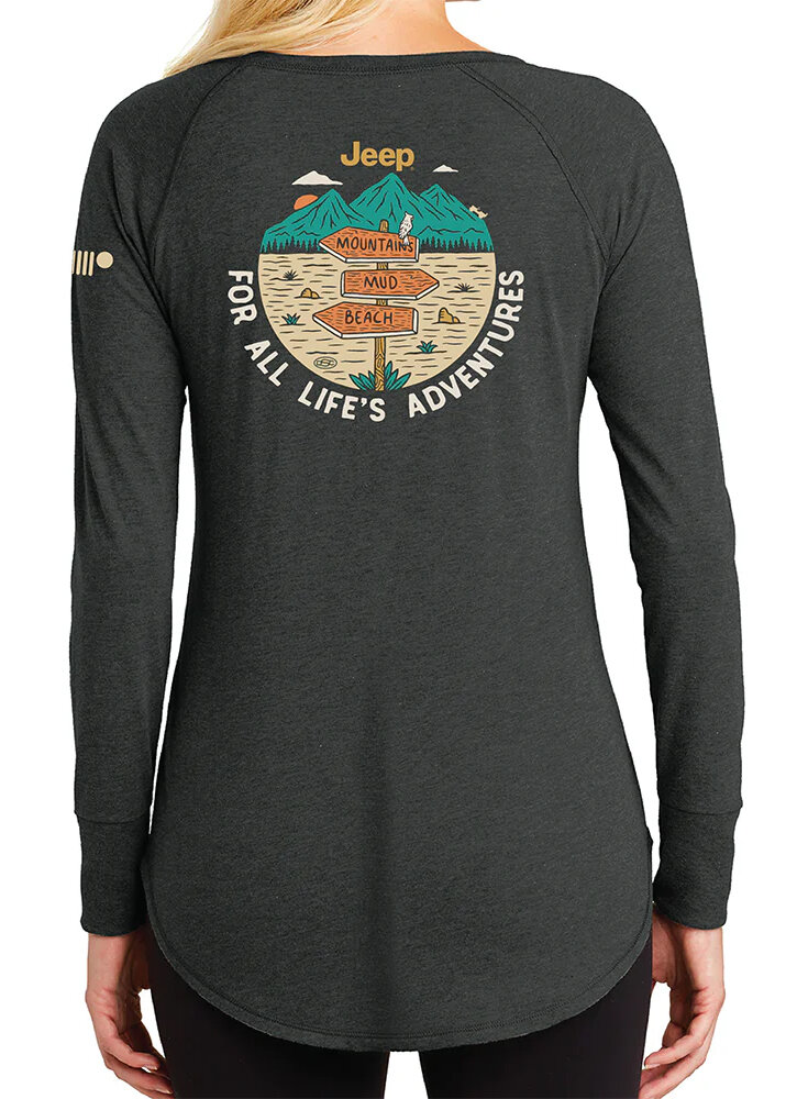 Jeep Merchandise Ladies Jeep For All Life's Adventures Long Sleeve Tunic T-shirt in Heather Black