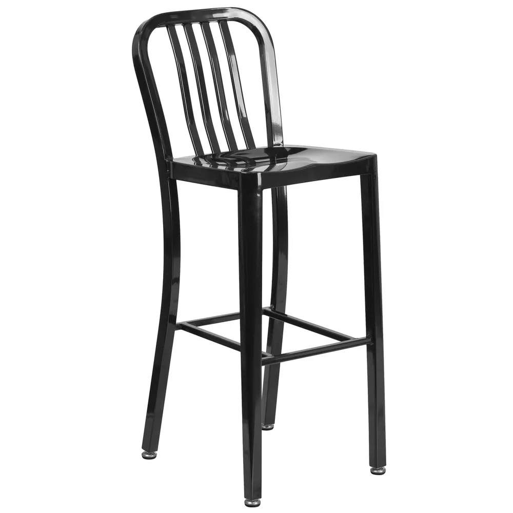 43” Black Industrial Outdoor Patio Vertical Slat Back High Bar Stool