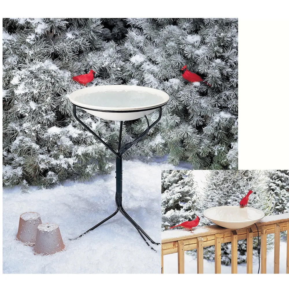 20.75″ White Heated Bird Bath Bowl with Black Metal Stand