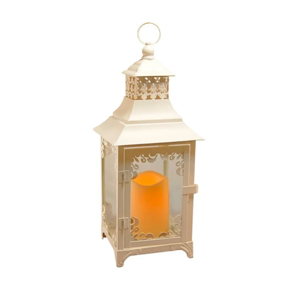 14.75″ Rustic White Swirl Metal Lantern with Battery Operated LED Lighted Candle