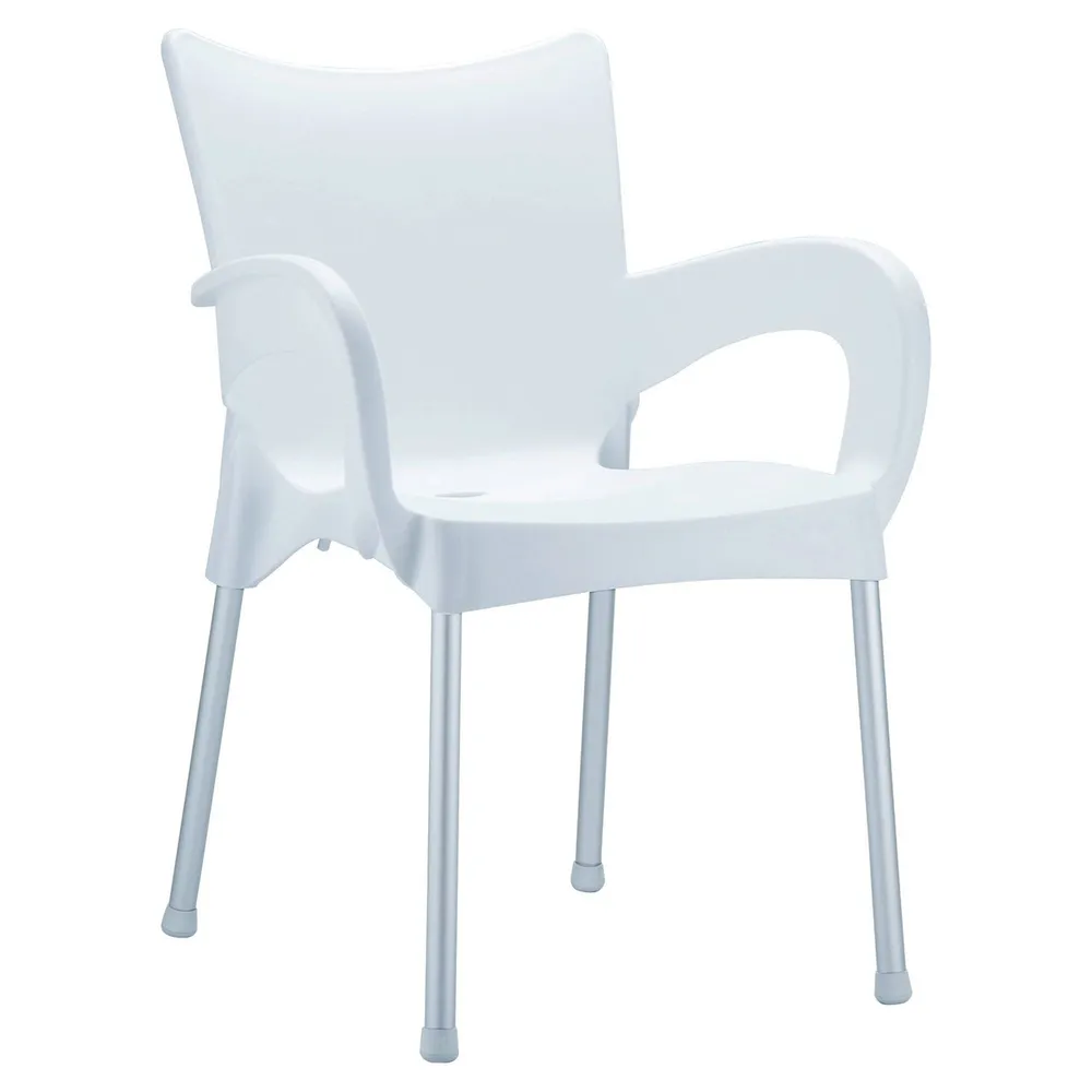 Enjoy Outdoor Dining in Style with 33.25″ White and Silver Patio Dining Arm Chair