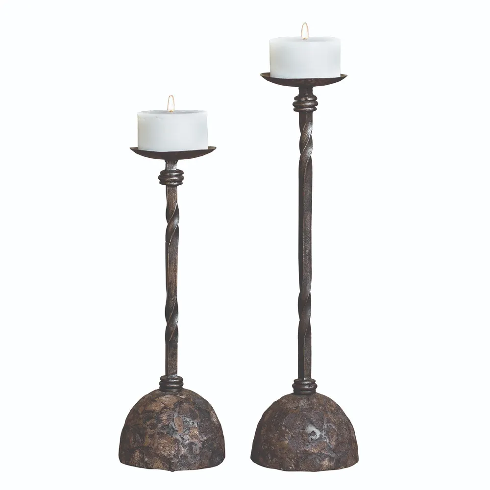 Set of Two Bronze Long Candle Holder with Stone Bases 20″