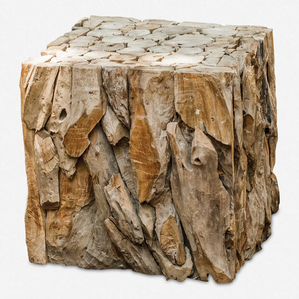 Square Top Teak Root Bunching Cube Accent End Table – 19″