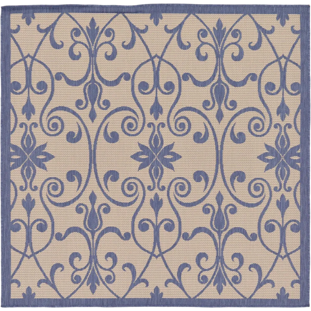 6′ x 6′ Blue and Beige Damask with Border Square Outdoor Area Throw Rug