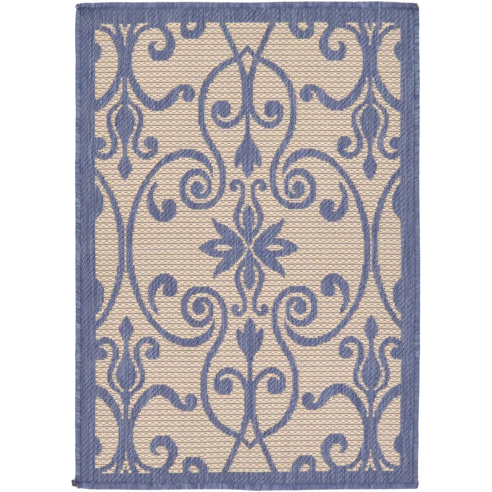 2′ x 3′ Blue and Beige Damask with Border Rectangular Outdoor Area Throw Rug