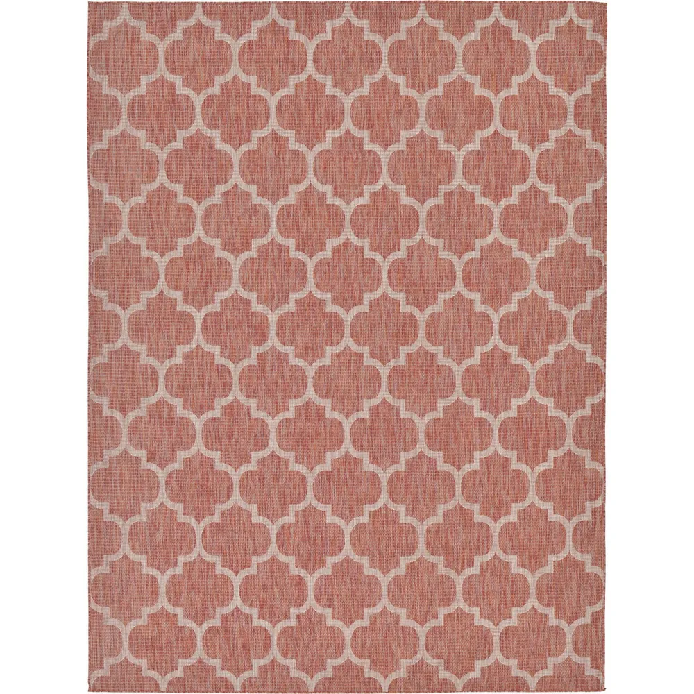 9′ x 12′ Red and Beige Geometric Rectangular Outdoor Area Throw Rug