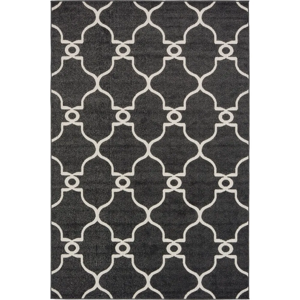 6′ x 9′ Black and Ivory Geometric Trellis Rectangular Outdoor Area Throw Rug