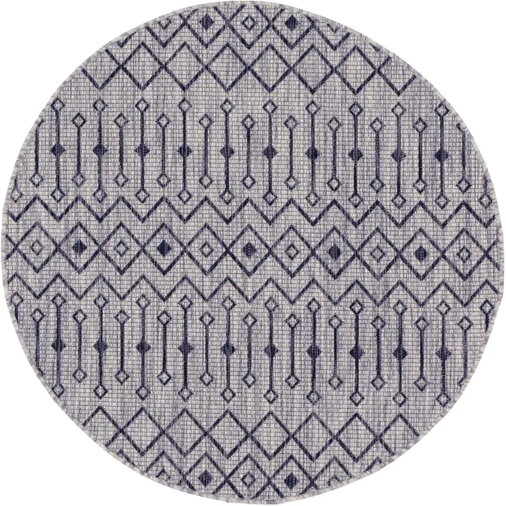 4′ Gray and Black Geometric Round Outdoor Area Throw Rug