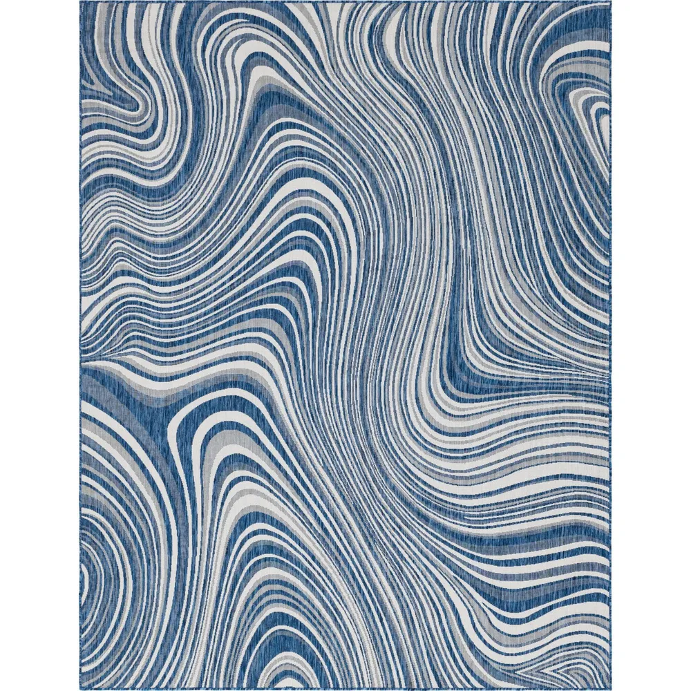 9′ x 12′ Navy Blue and Ivory Abstract Rectangular Outdoor Area Throw Rug