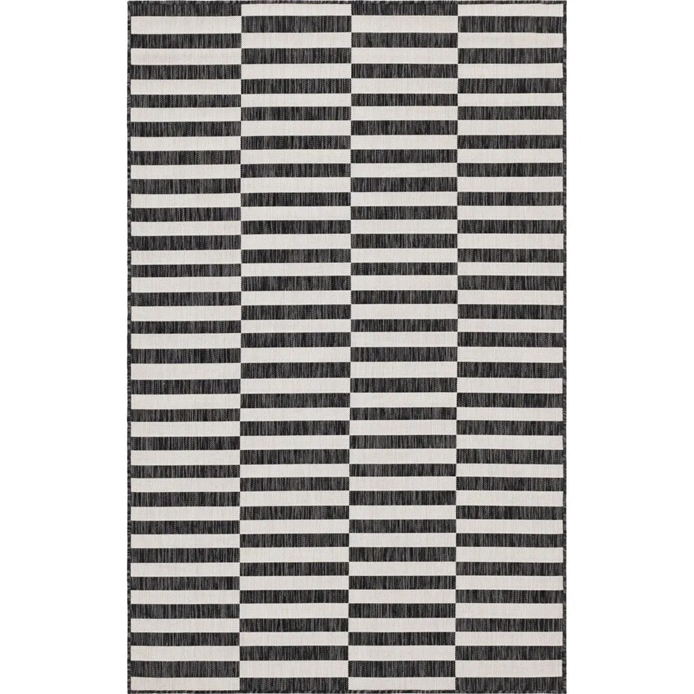5′ x 8′ Charcoal Black and Ivory Striped Rectangular Outdoor Area Throw Rug
