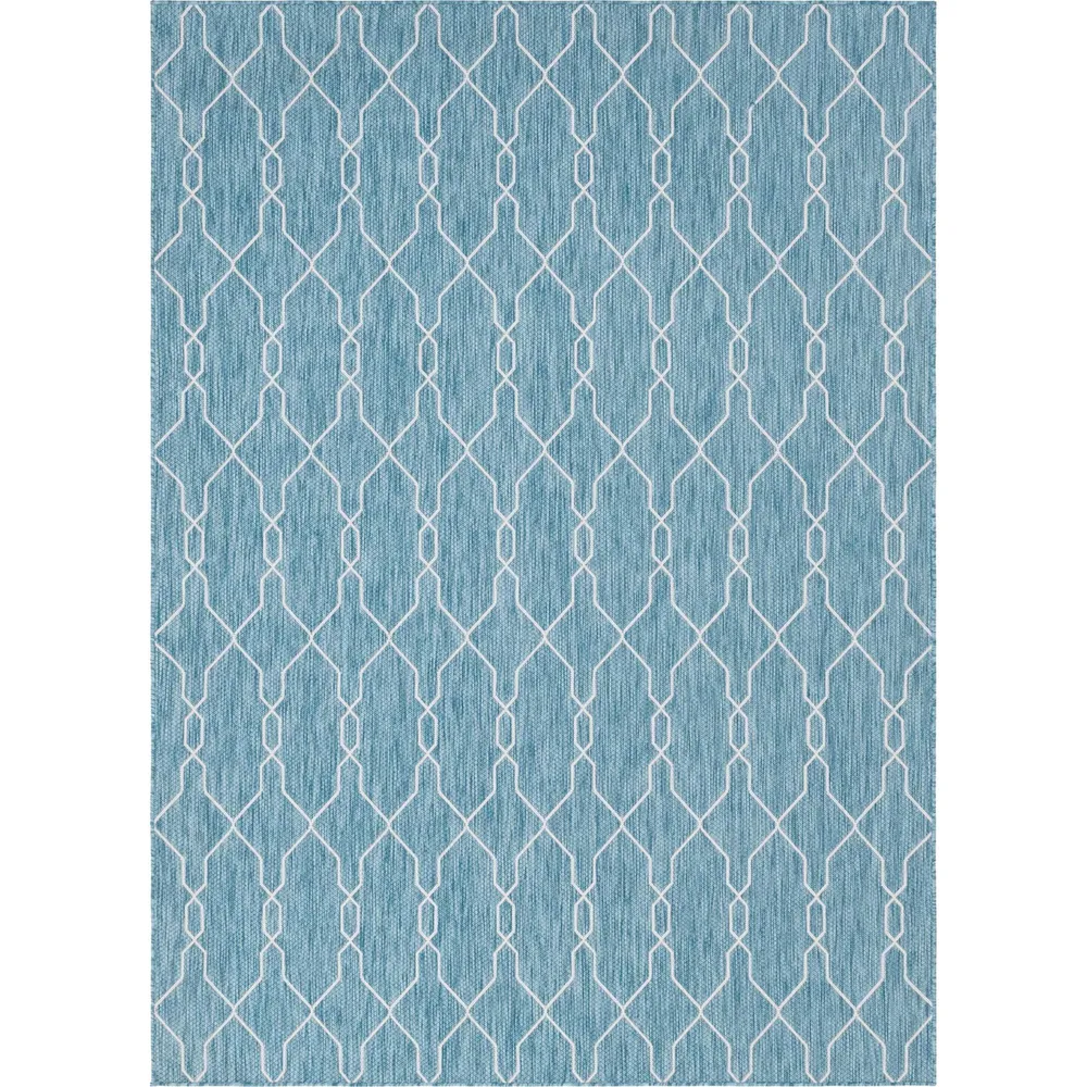 8′ x 11.25′ Blue and Ivory Geometric Trellis Rectangular Outdoor Area Throw Rug