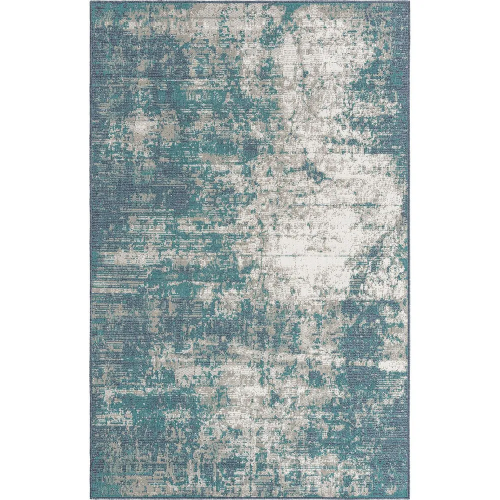 1.25′ x 1.25′ Blue and Ivory Abstract Square Outdoor Area Throw Rug Corner Sample