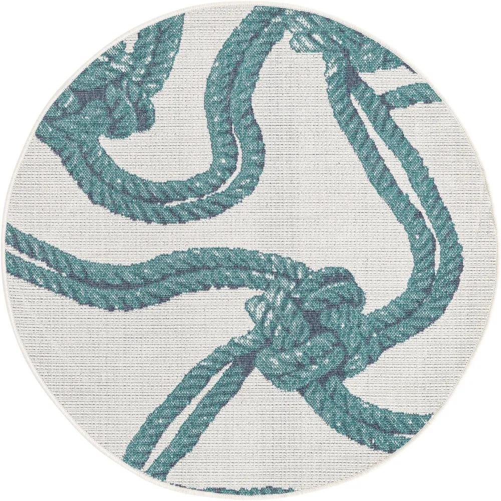 4′ Ivory and Blue Coastal Themed Rope Knot Round Outdoor Rug