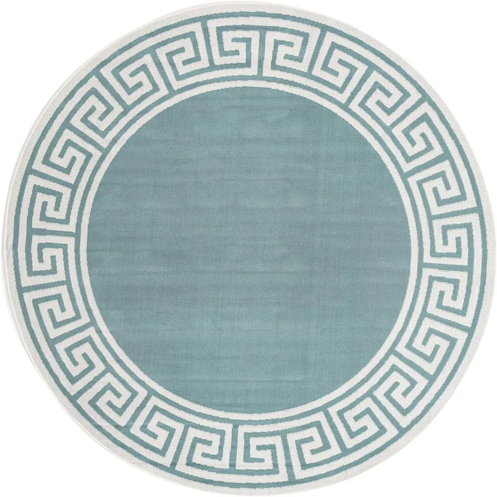 7′ Aqua Blue and Ivory Geometric Border Round Outdoor Area Throw Rug