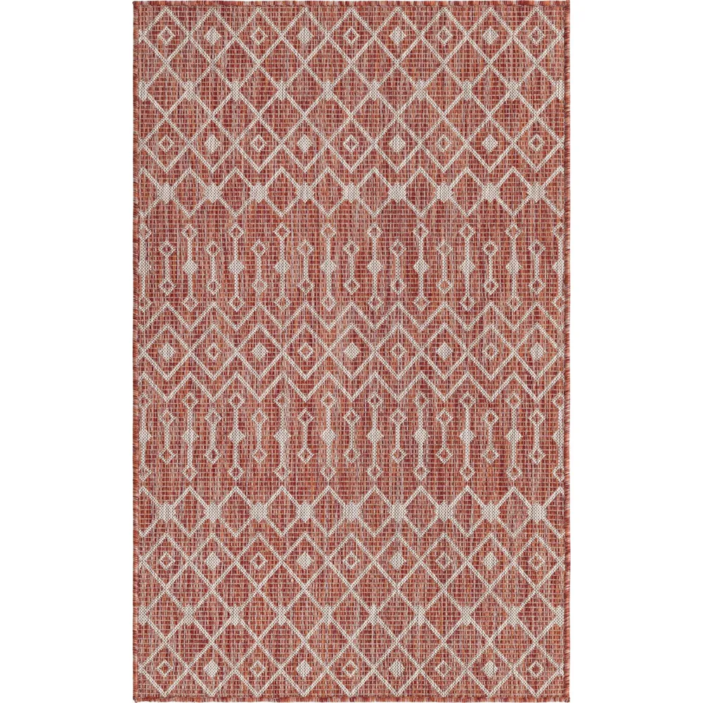 3.25′ x 5.25′ Rust Red and Gray Geometric Rectangular Outdoor Area Throw Rug