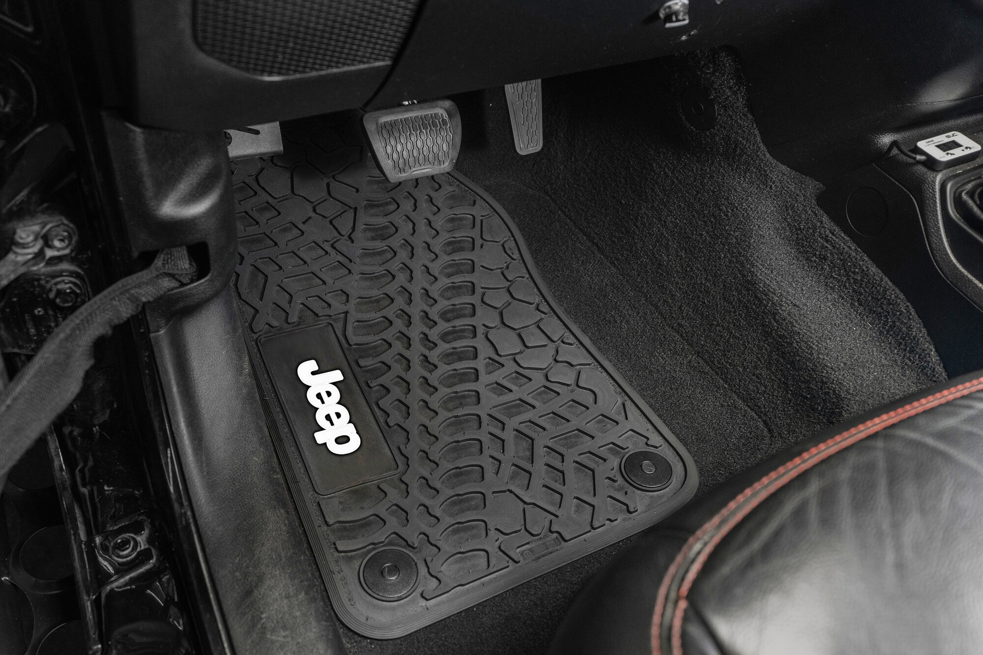 FlexTread  Tire Tread/Scorched Earth Scene Front & Rear Floor Liners with JEEP Logo for 21-26 Jeep Wrangler JL Unlimited 4xe