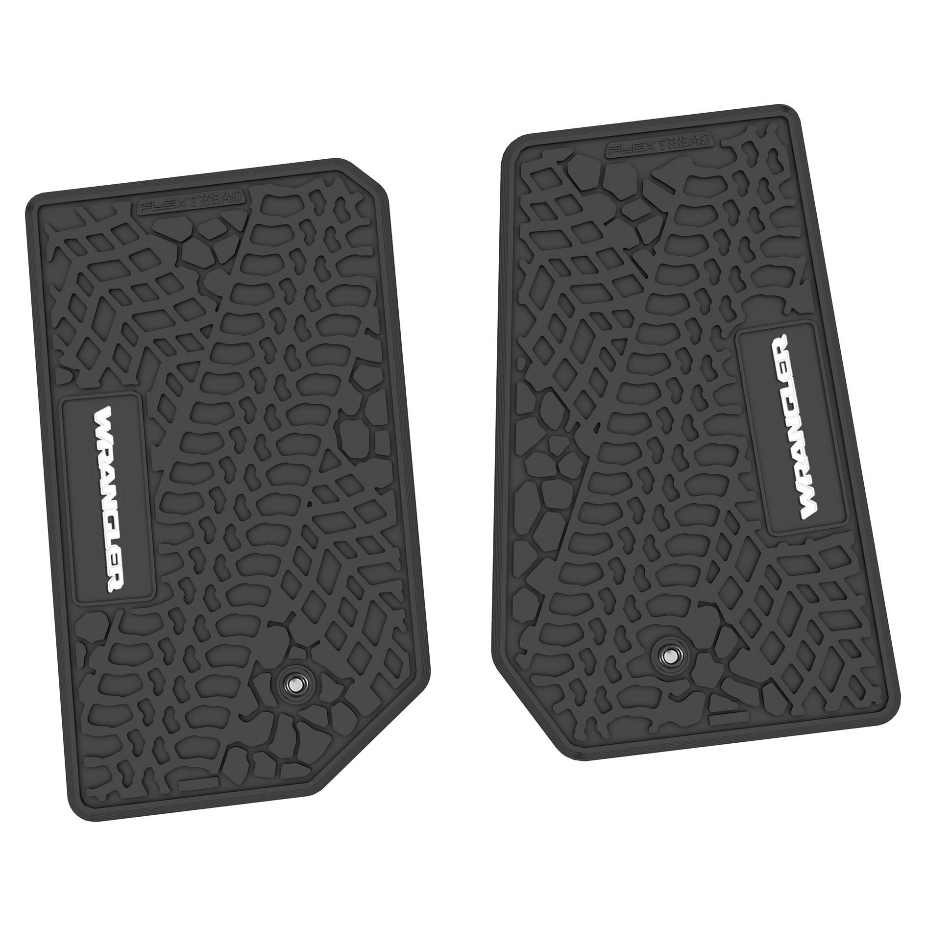 FlexTread NGTT02024001 Tire Tread/Scorched Earth Scene Front Floor Liners with WRANGLER Logo in Black with Black Logo for 07-13 Jeep Wrangler JK