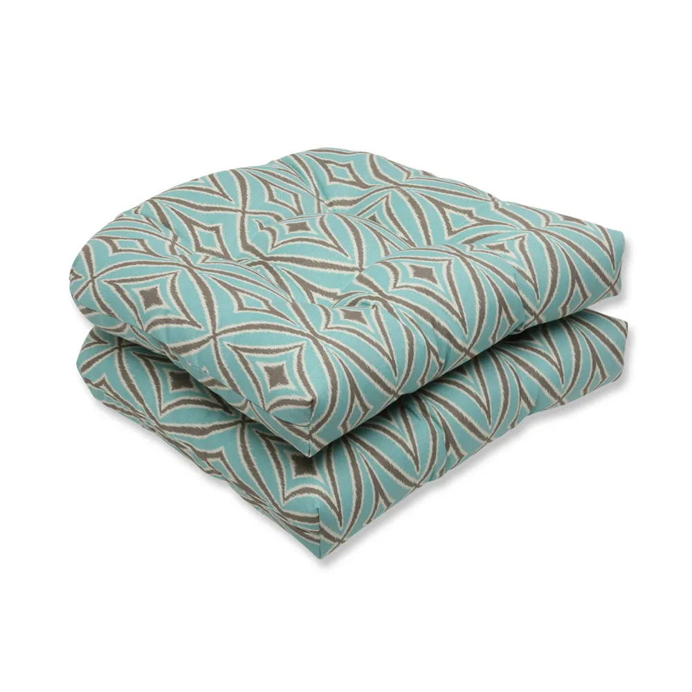 Set of 2 Chocolate Brown and Blue Diamantes Azules Decorative Outdoor Patio Wicker Chair Seat Cushions 19″