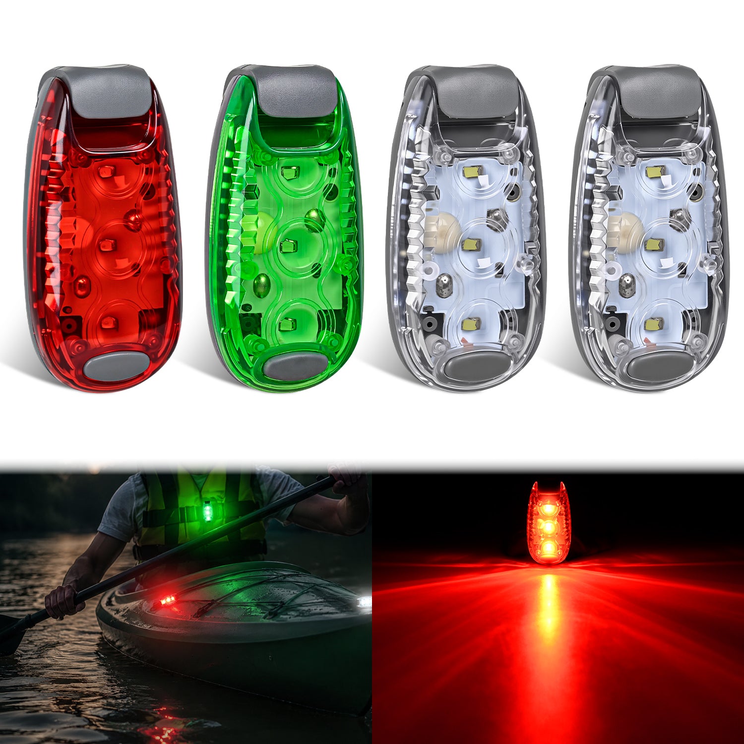 LED Safety Light 4PCS Red Green White Marine Navigation Bike Tail Lights Three Modes Waterproof Reflective Gear Clip On Flash Strobe Indicator Lamp for Night Boating Fishing Cycling Jogging