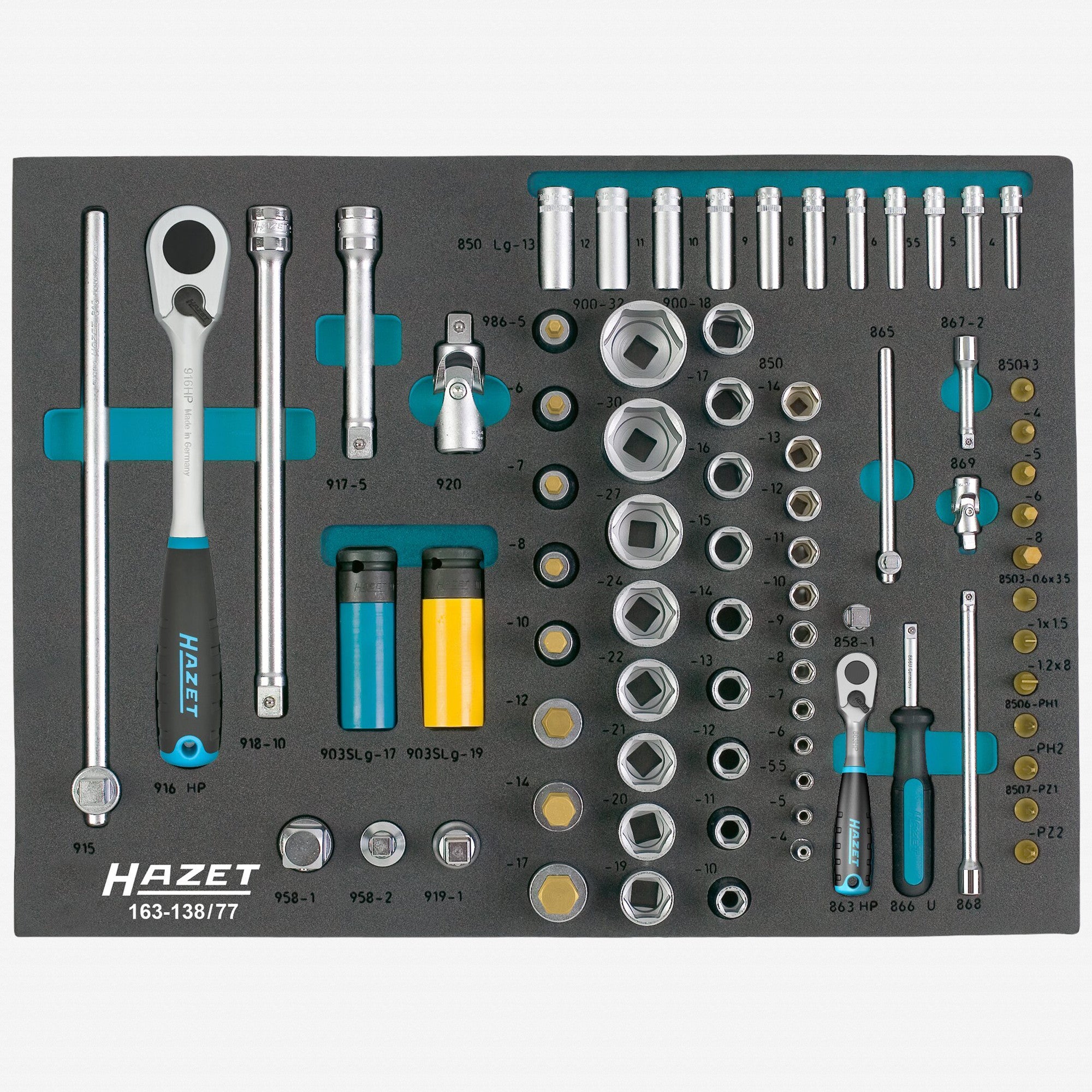 Hazet 163-138/77 1/4" and 1/2" Drive Metric Socket Set, 4 - 32 mm, 77 Pieces